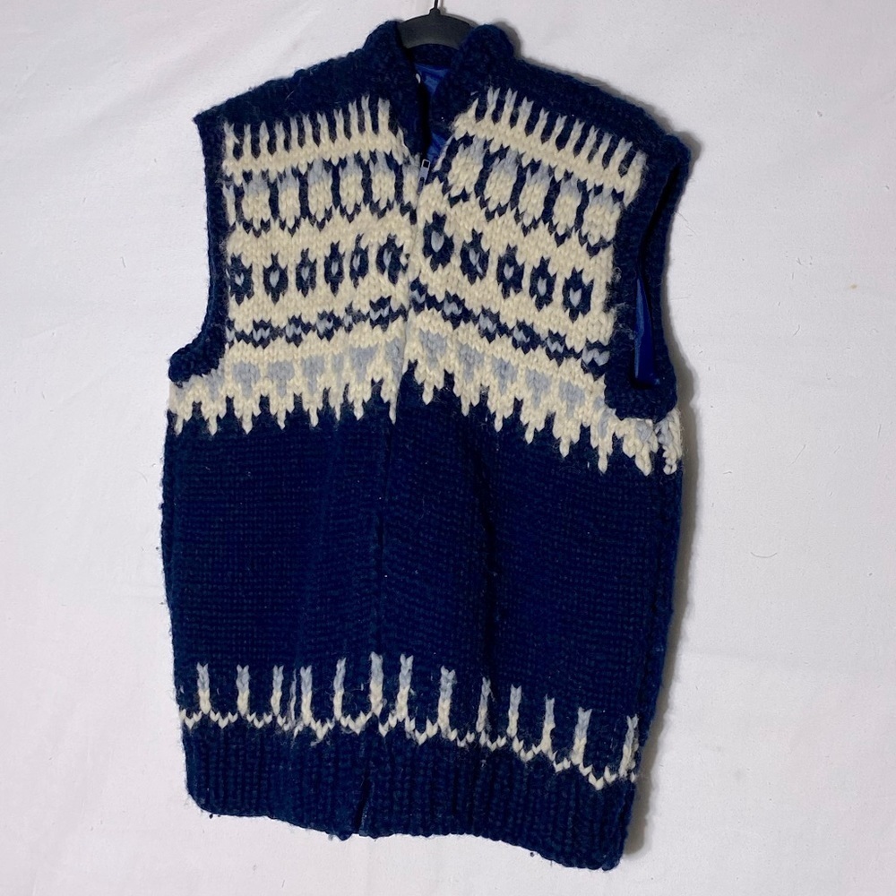 Vintage Hand Knit Navy Blue Cream Fair Isle Full Zip Vest L